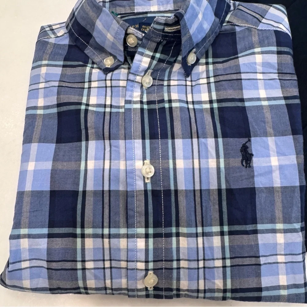 Ralph Lauren Boys 2 Pcs Set Navy Chinos & Blue Button Down Plaid Shirt Size 5